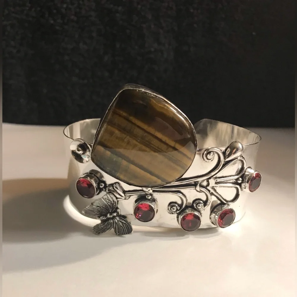 Tiger Eye Garnet Stamped Solid 925 Sterling Silver Cuff Bracelet